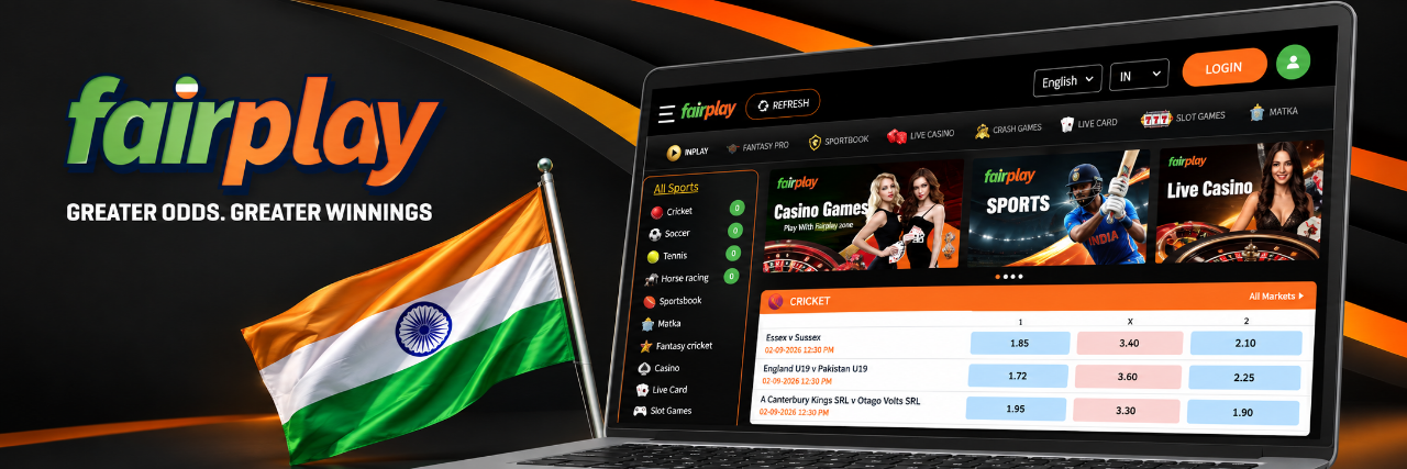 FairPlay homepage displayed on a laptop with sports gear, dice and gift boxes nearby.