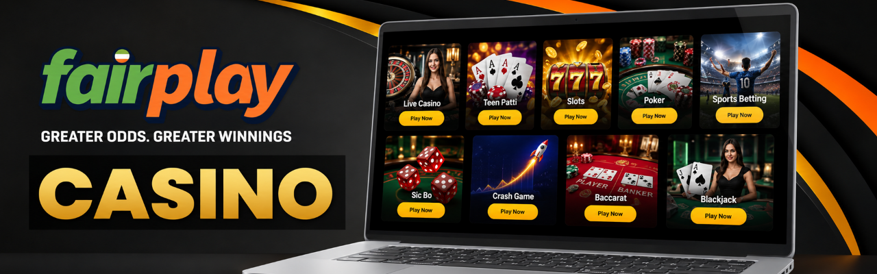 FairPlay casino games page displayed on a laptop with dice and casino chips nearby.