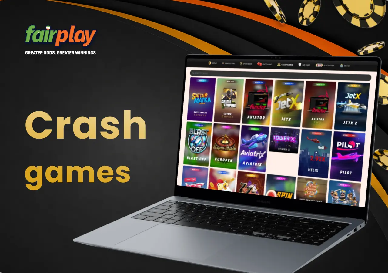 Laptop displaying fairplay crash games available for players with casino chips nearby.