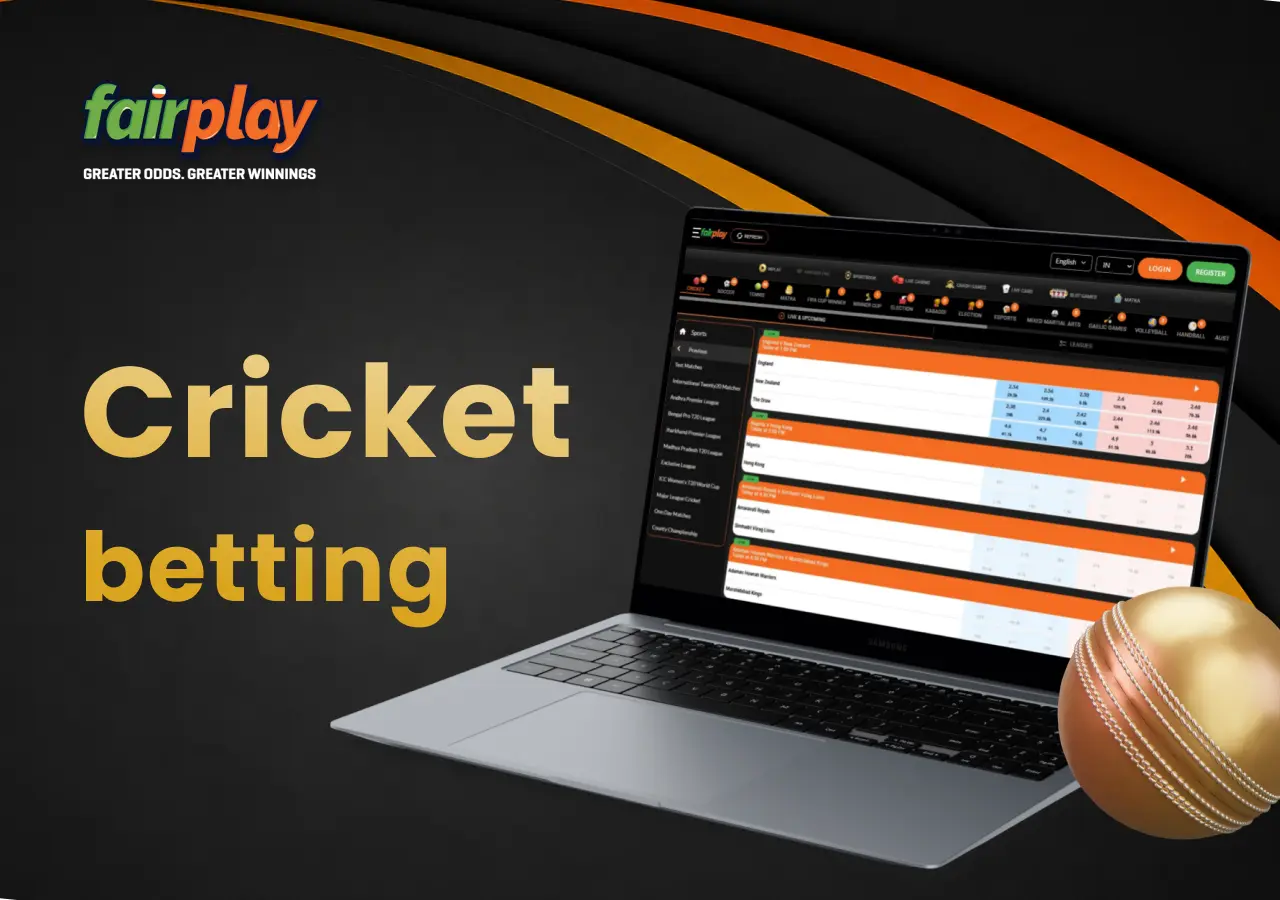 Laptop showing fairplay cricket betting options with a cricket ball beside the screen.