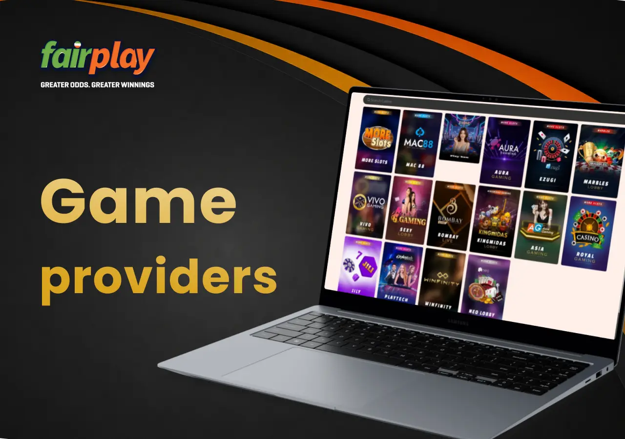 Laptop showing casino game providers and software partners available on the fairplay platform.