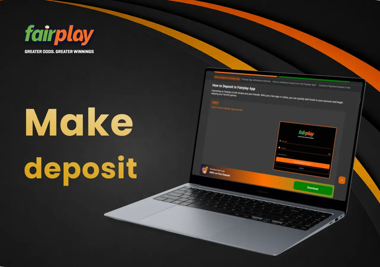 Laptop displaying the deposit process with clear steps for adding funds to an fairplay account.