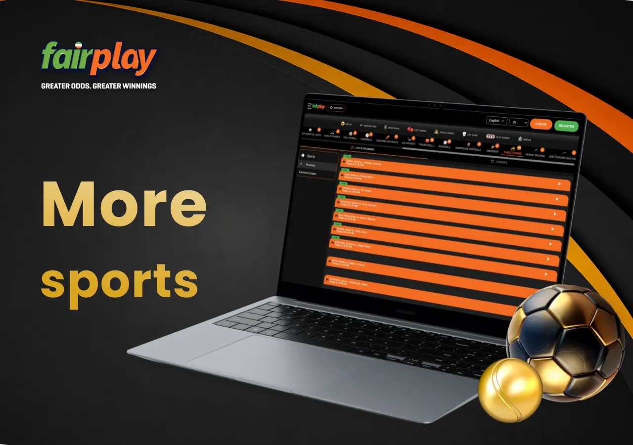 Laptop displaying additional sports betting categories with football and tennis balls nearby.